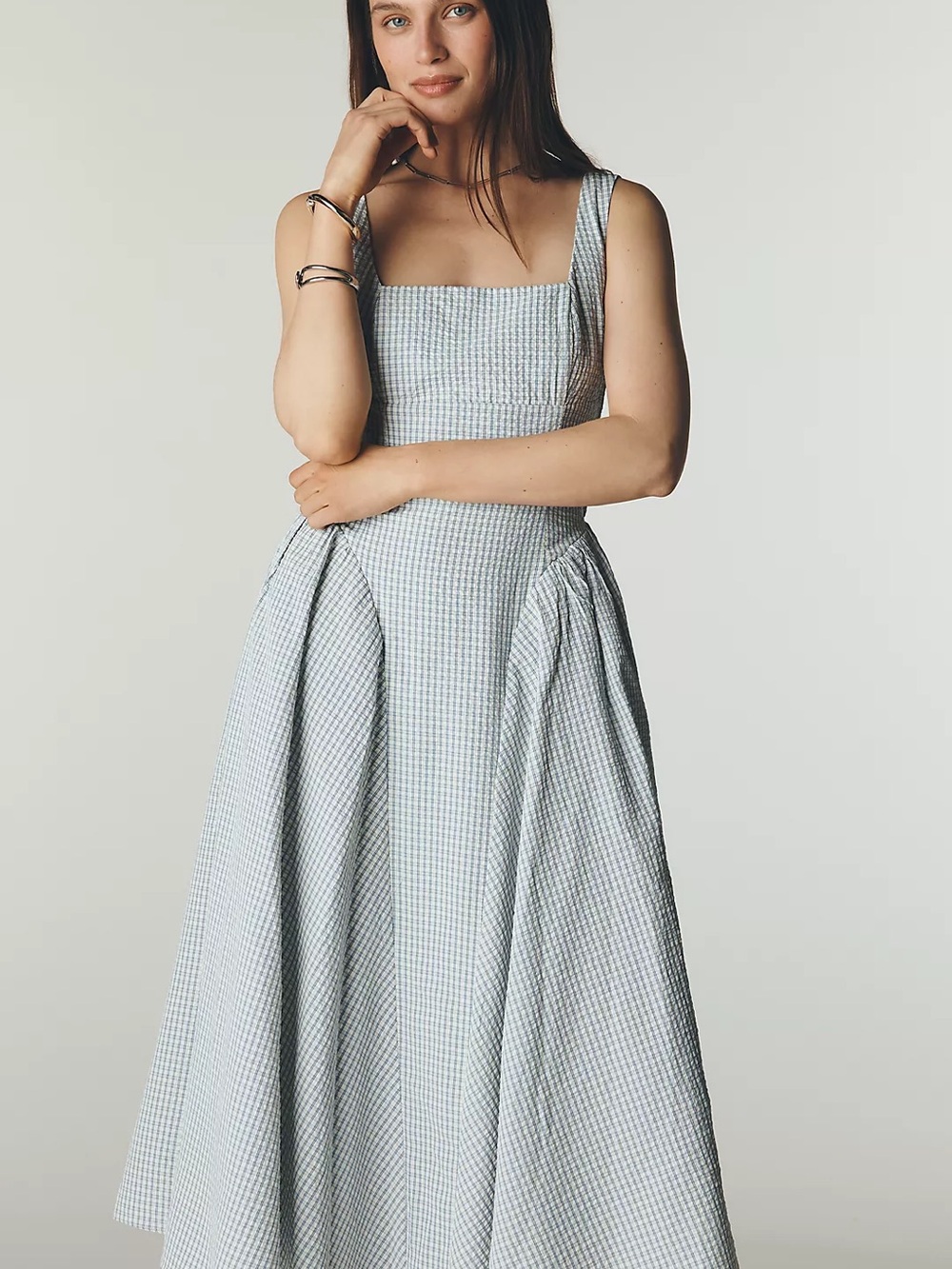 Anthropologie Light Blue Gingham Maxi Dress